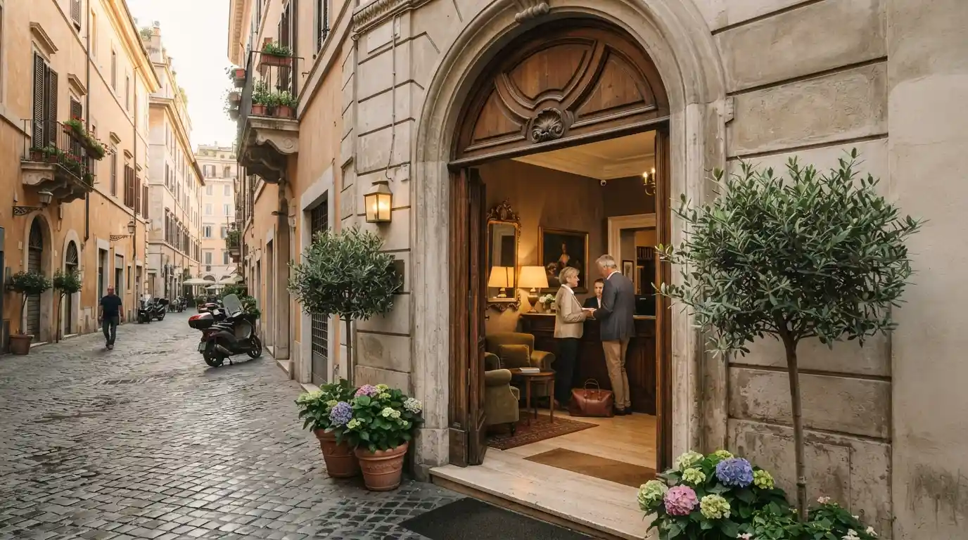 Elegant Roman hotel interior with classic Italian décor and a welcoming atmosphere