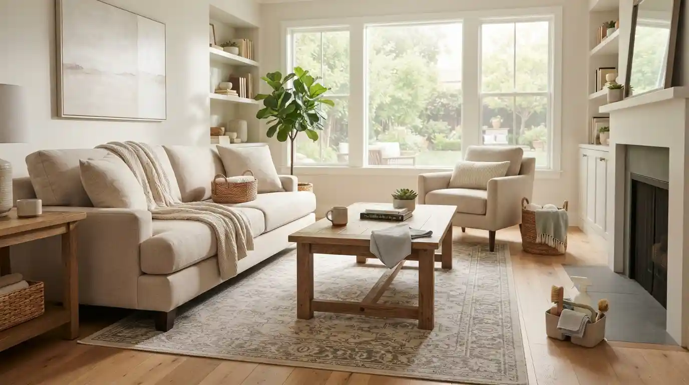 Bright, freshly cleaned living room with tidy furniture, polished surfaces, and natural daylight