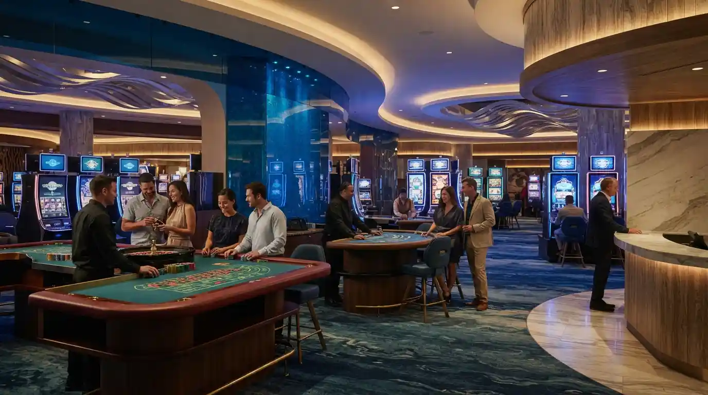 Modern ocean-themed casino interior with slot machines and table games