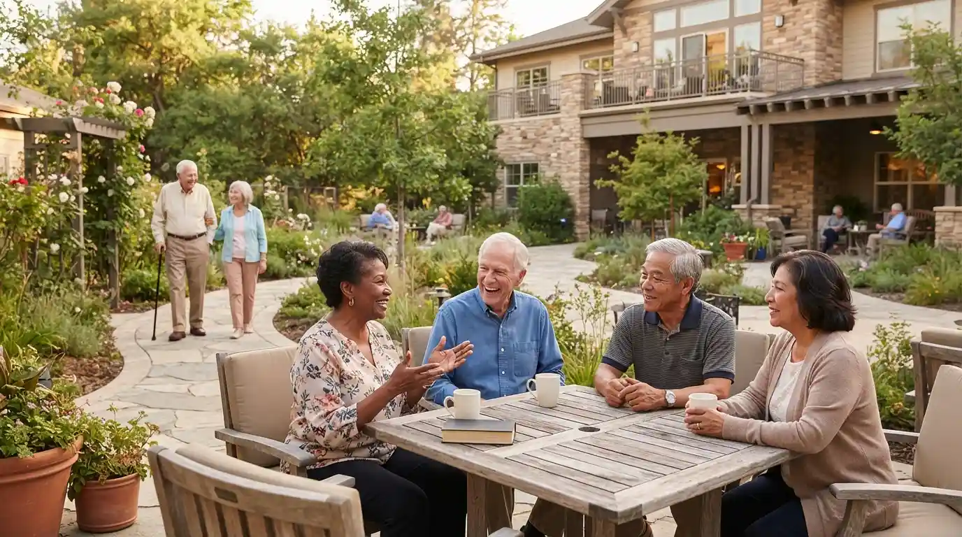 Older adults socializing in a welcoming senior living community courtyard