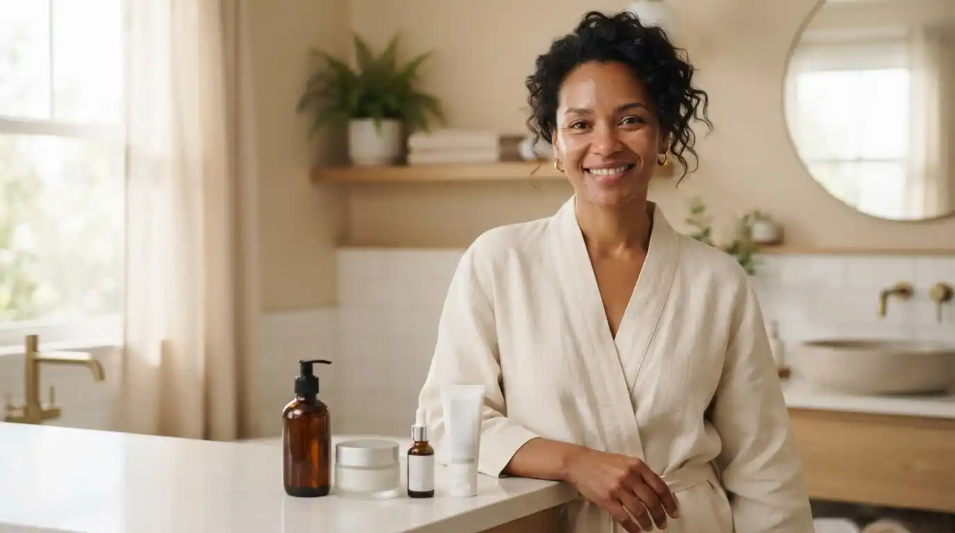 Woman with naturally healthy-looking skin beside a simple selection of skincare products on a bathroom vanity