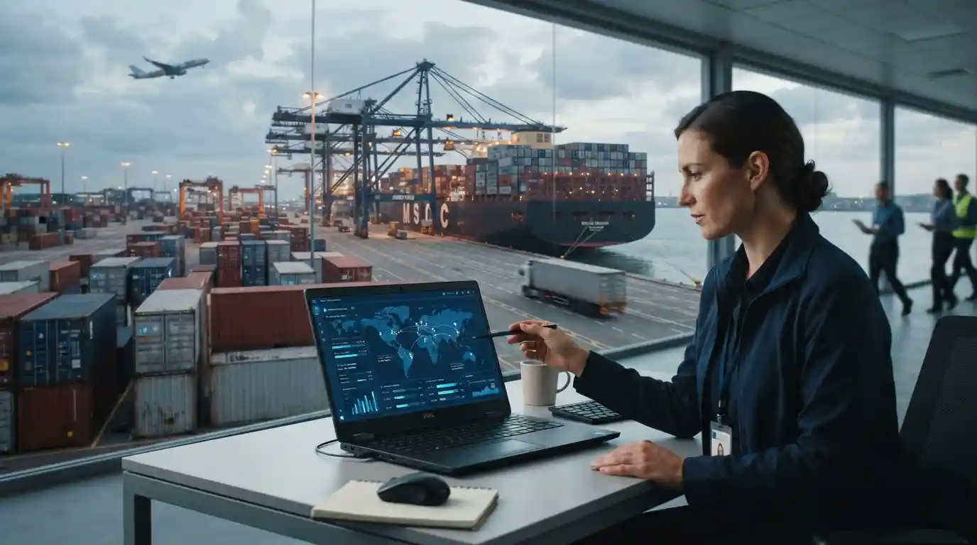 Logistics professional monitoring global freight shipments on a digital tracking system