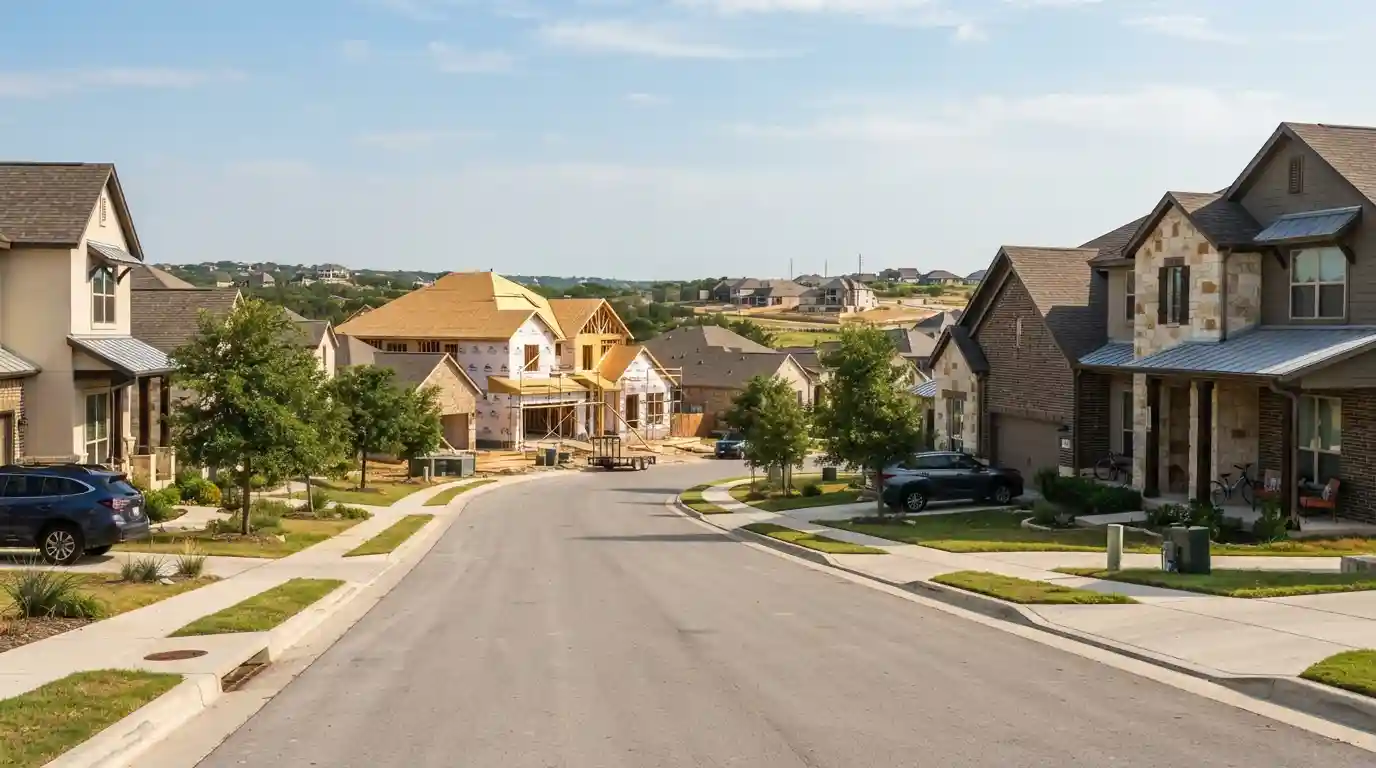 Modern Texas suburban homes in a planned residential community with active home construction in the background.