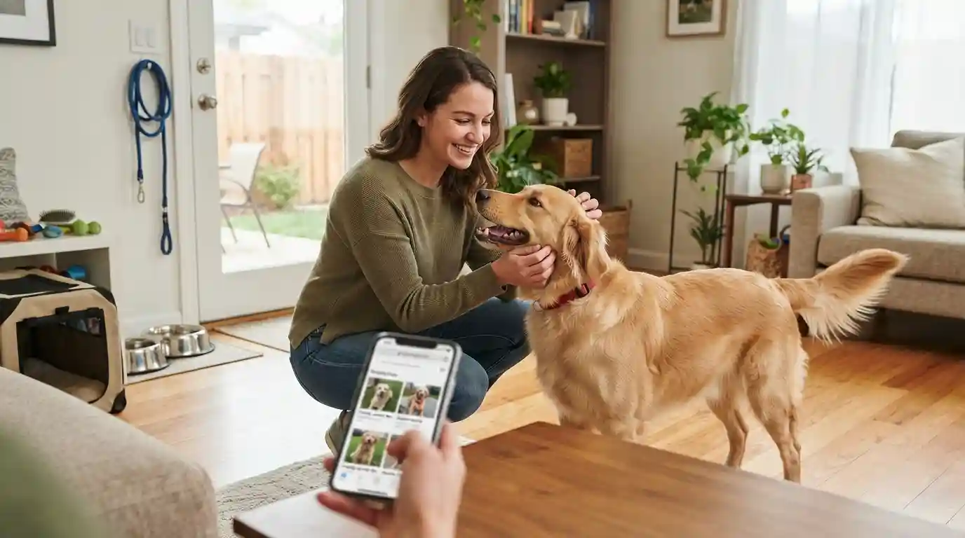 A prospective pet owner meeting a friendly dog while researching companion pets online.