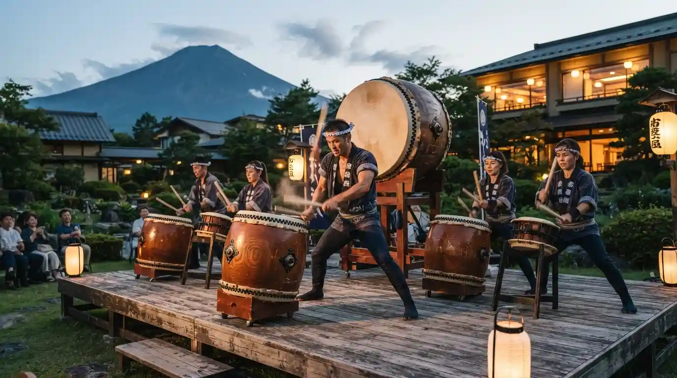 Taiko drummers performing at a traditional Japanese cultural experience surrounded by a peaceful resort setting