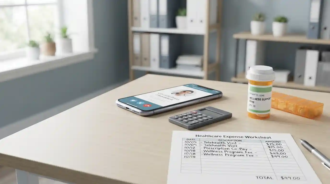 Telehealth healthcare costs represented by a smartphone, medication container, calculator, and expense worksheet