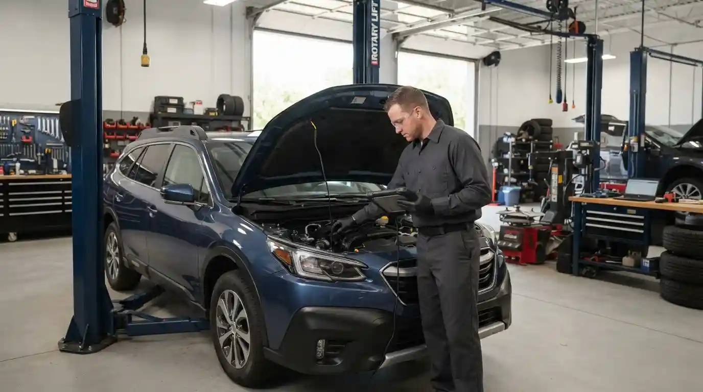 Mechanic inspecting a passenger car with diagnostic equipment inside a professional auto repair garage