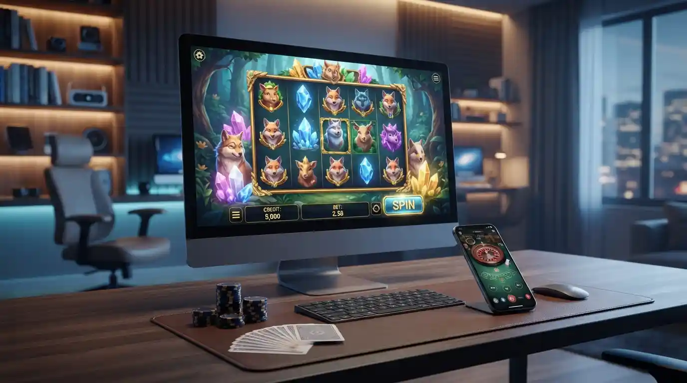 Modern online casino gaming interface with slot games, cards, and casino chips
