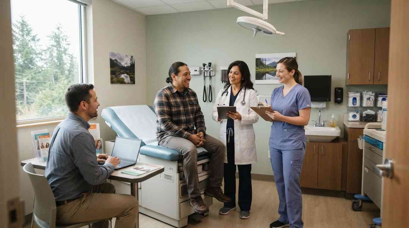 Healthcare professionals speaking with a patient in a welcoming community clinic setting.