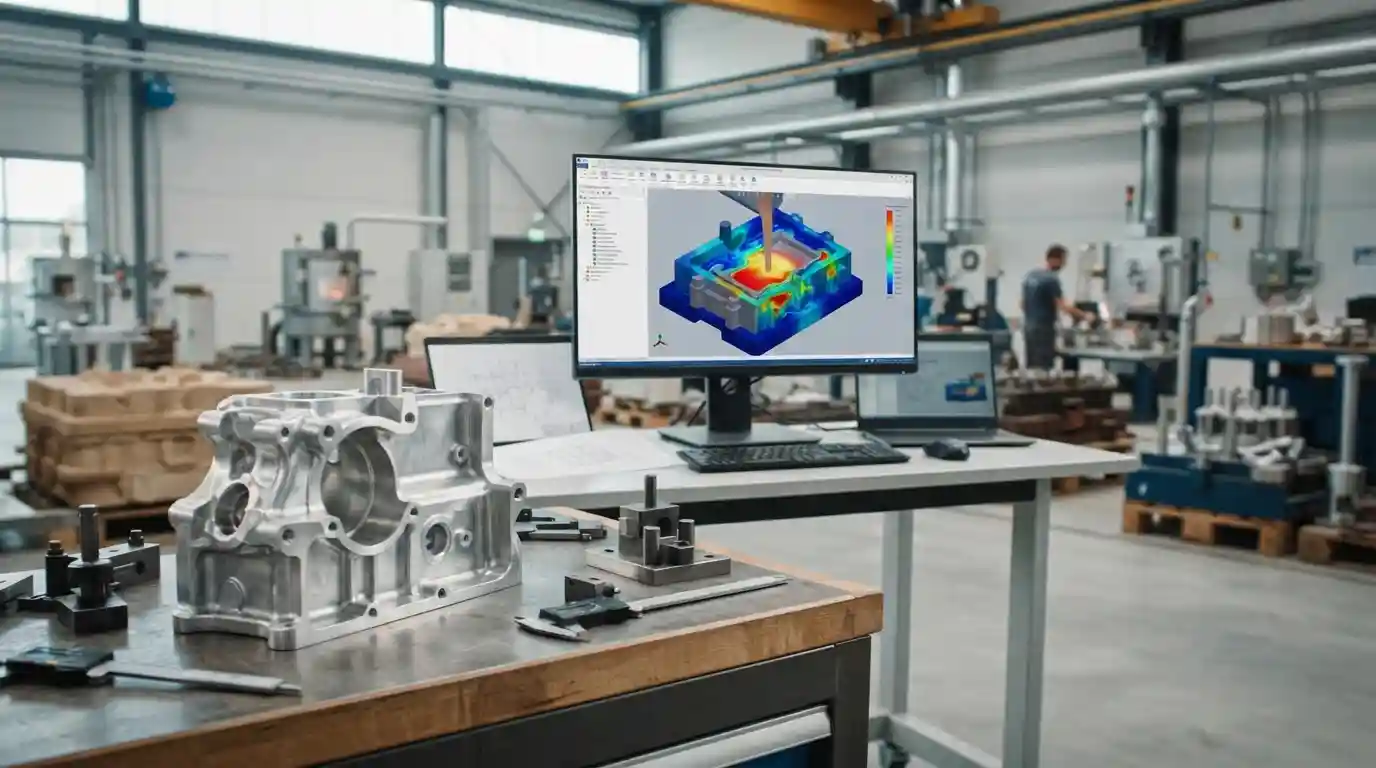 Precision metal casting component beside an engineering workstation showing digital casting simulation.