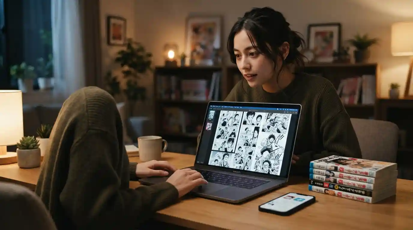 Reader exploring manga titles on a digital device beside a collection of manga volumes
