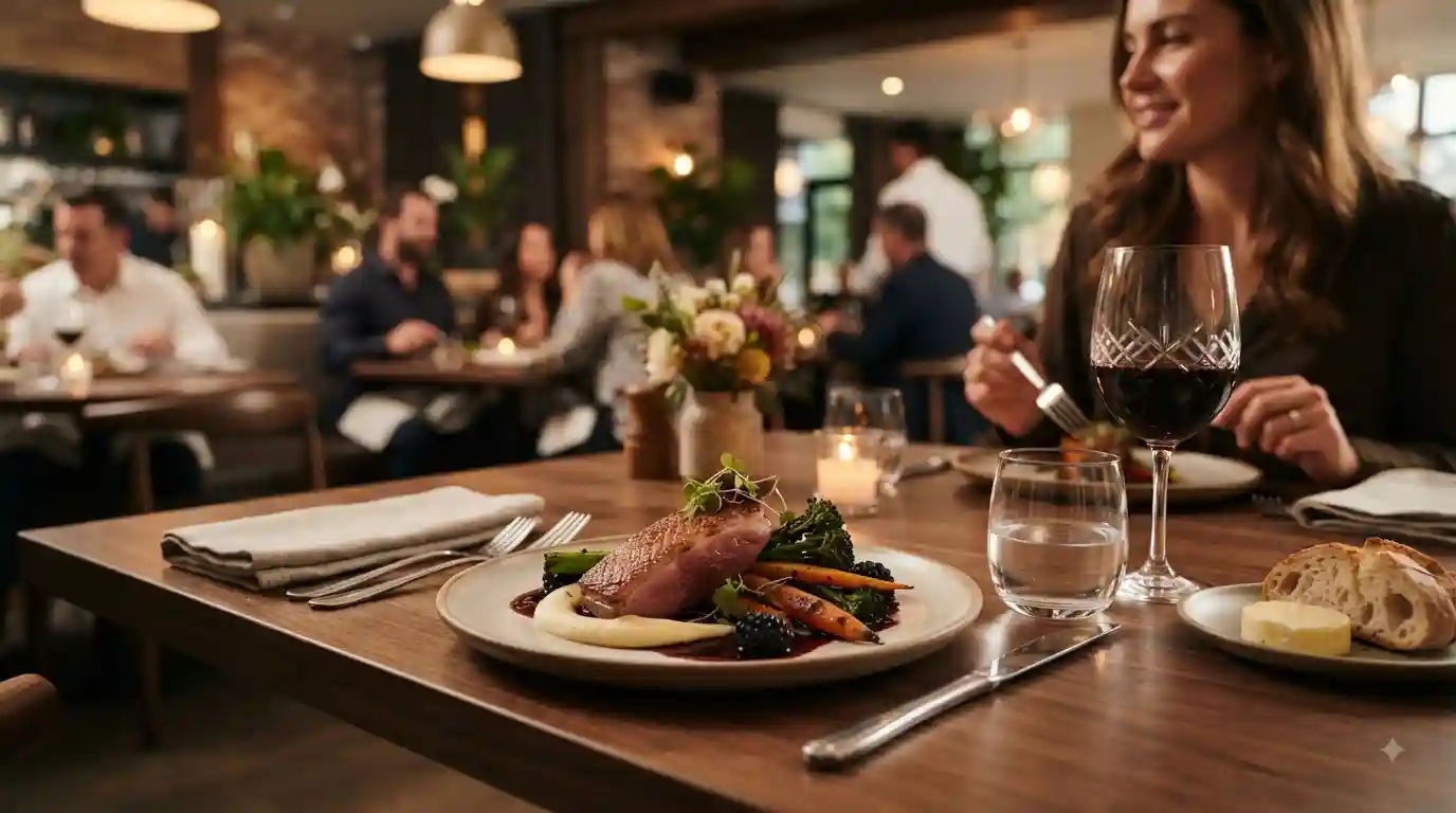Elegantly plated gourmet meal in a sophisticated restaurant dining setting