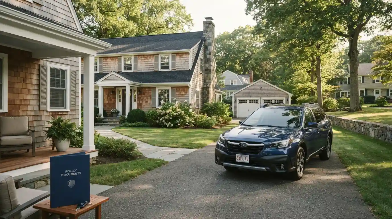 Modern car parked outside a Connecticut home representing auto and home insurance coverage