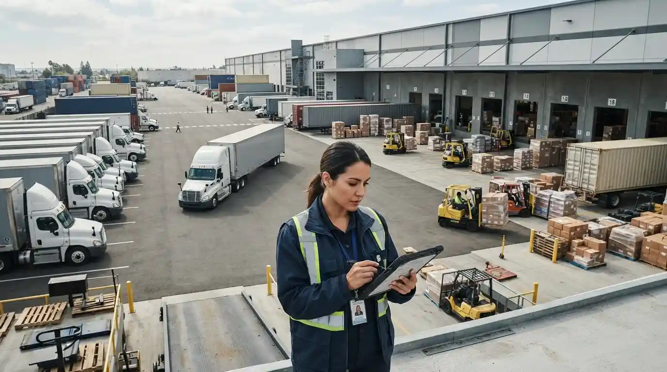Logistics professional overseeing freight trucks and organized cargo at a modern distribution facility