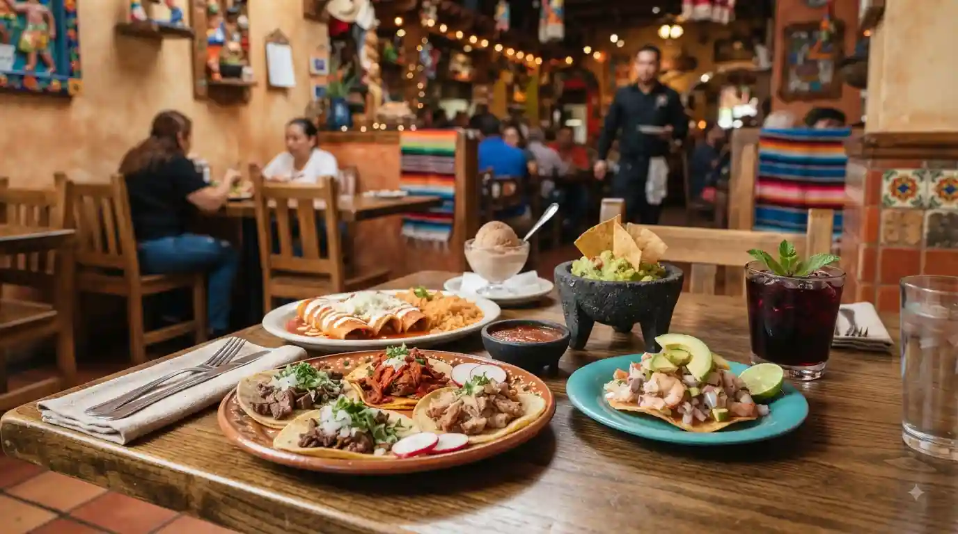 Mexican dishes, tacos, ceviche, and a refreshing agua fresca arranged on a restaurant table