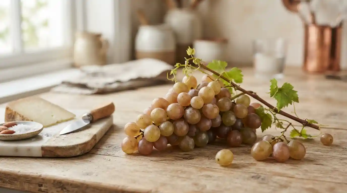 Fresh Muscat Beauty grapes with pink-brown and pale green berries arranged on a natural table beside a simple cheese board.