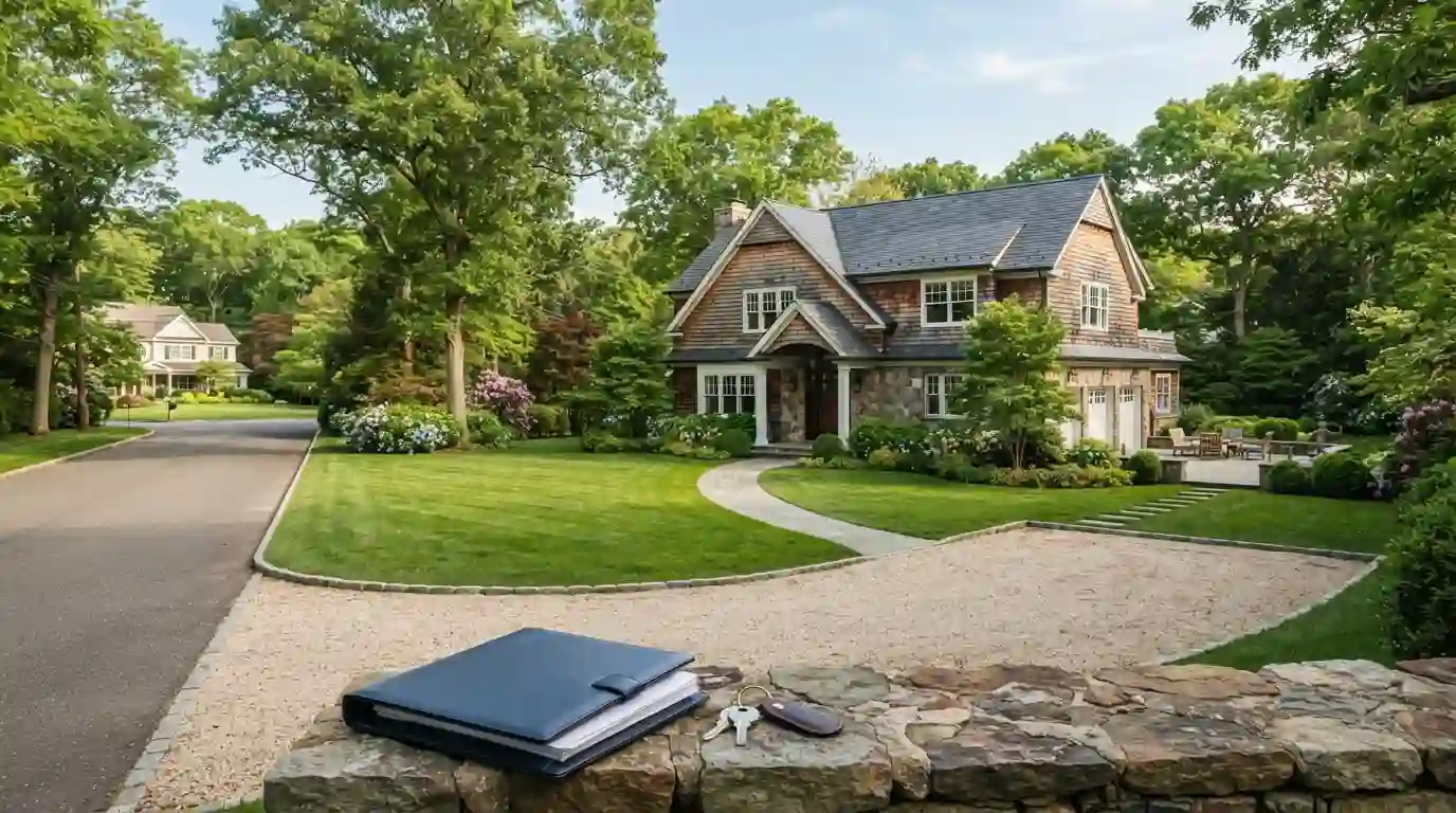 Upscale suburban home with mature landscaping representing Muttontown real estate investment potential