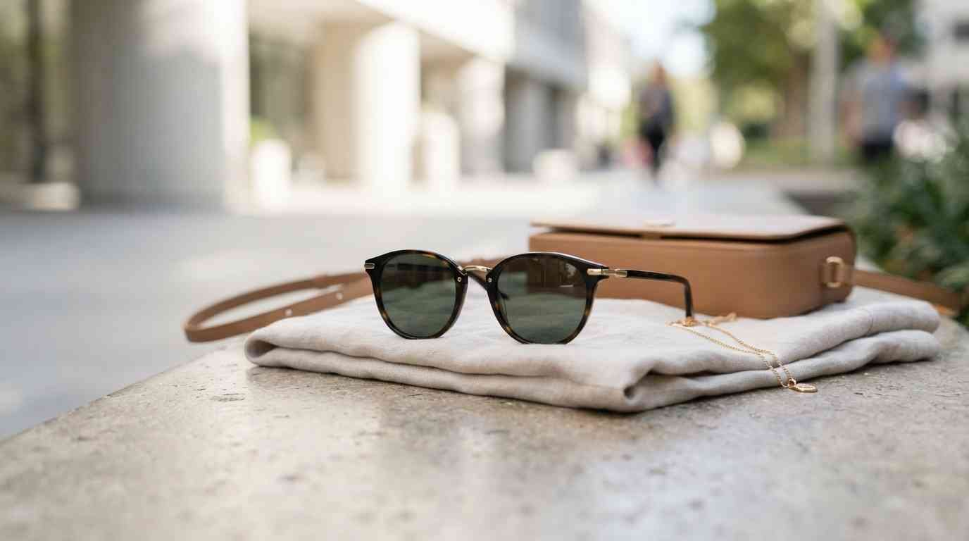 Stylish contemporary sunglasses displayed with neutral fashion accessories in natural daylight