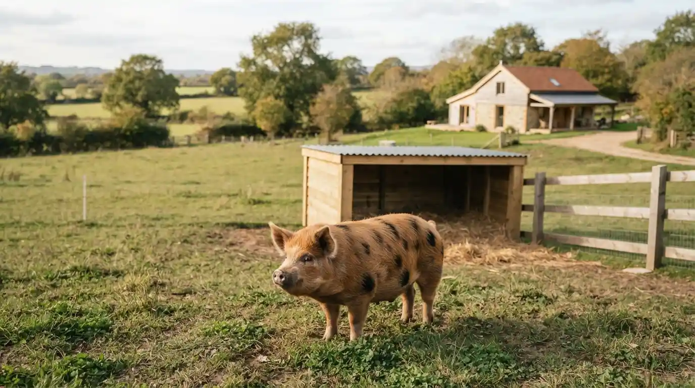 A domestic pet pig standing in a grassy rural animal area near a small shelter