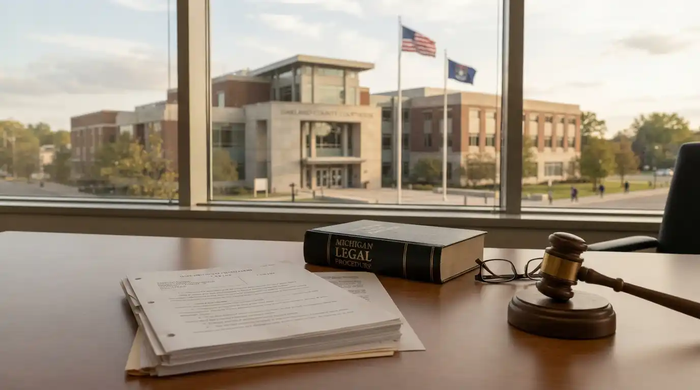 Oakland County courthouse with legal documents and a gavel representing local court news