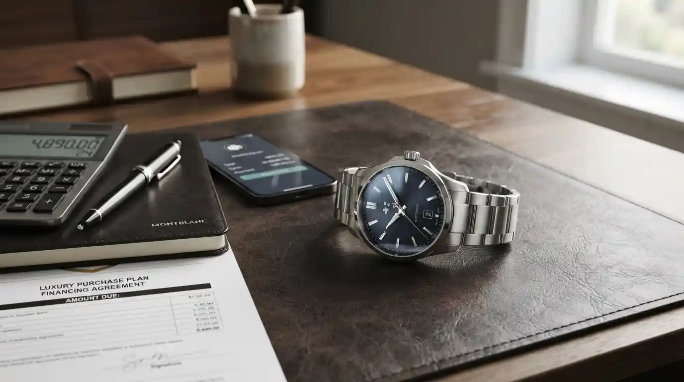 Luxury wristwatch beside financial planning documents and a calculator