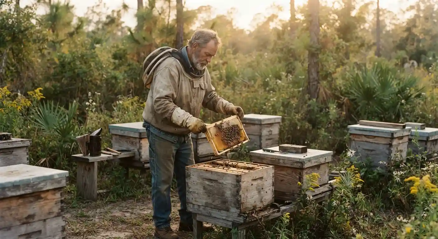 A rural beekeeper examines a honeybee hive in a Florida setting inspired by Peter Fonda’s role in Ulee’s Gold.