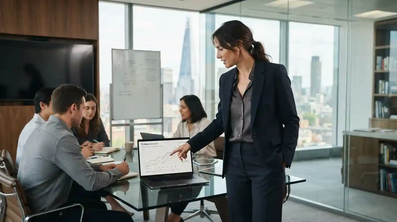Business leader discussing strategy with a team in a modern corporate office