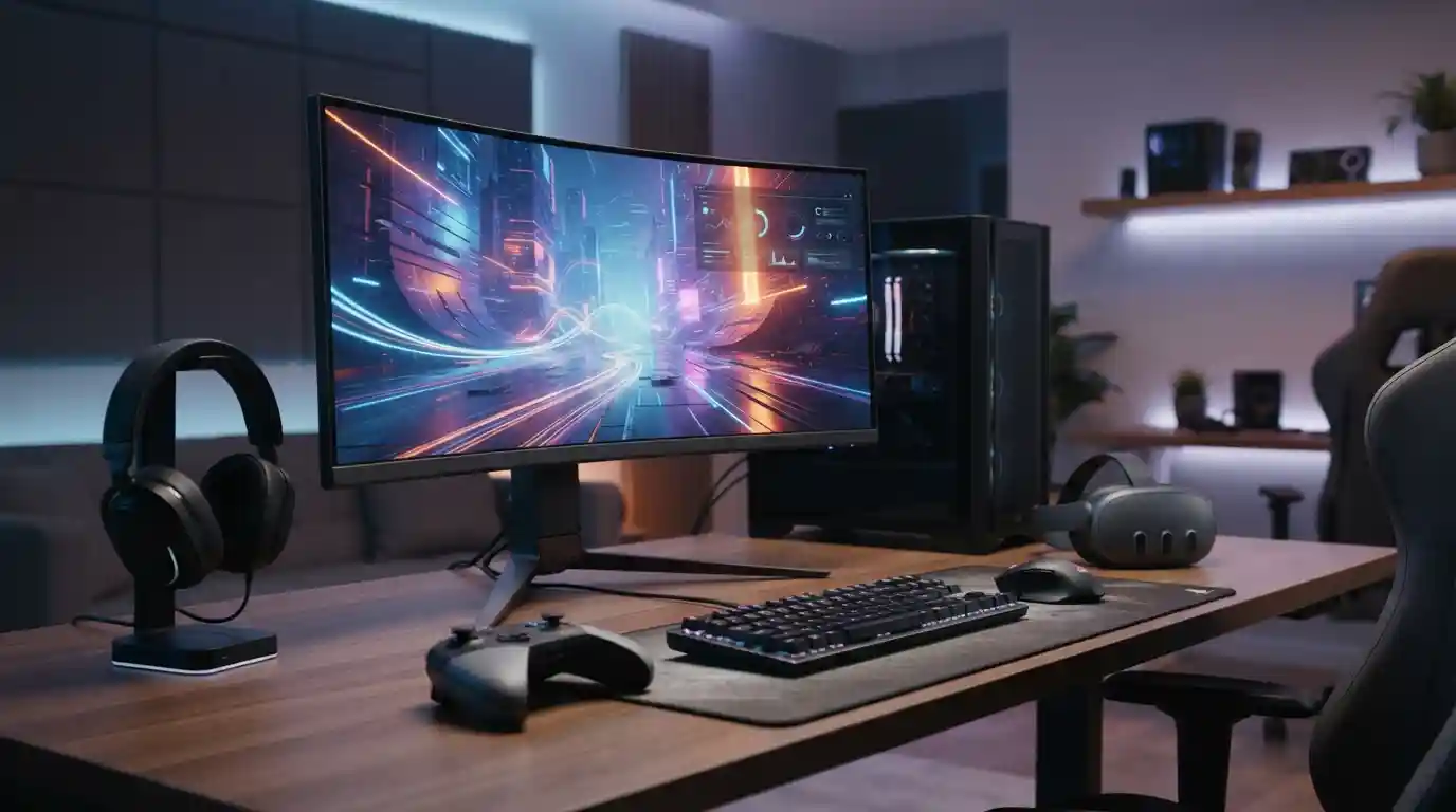 Modern gaming setup with a gaming PC, monitor, controller, headset, and VR headset