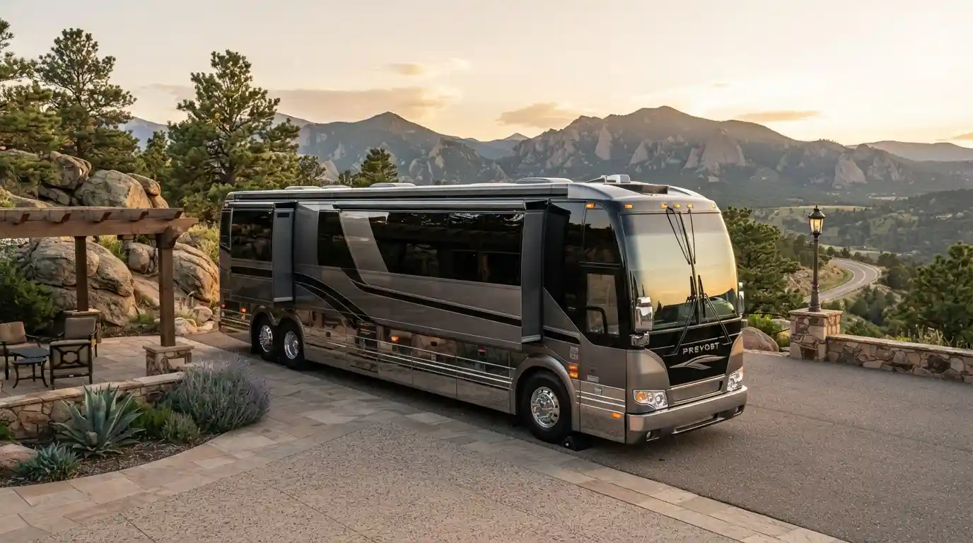 Luxury entertainer motor coach parked at a scenic destination during a road trip