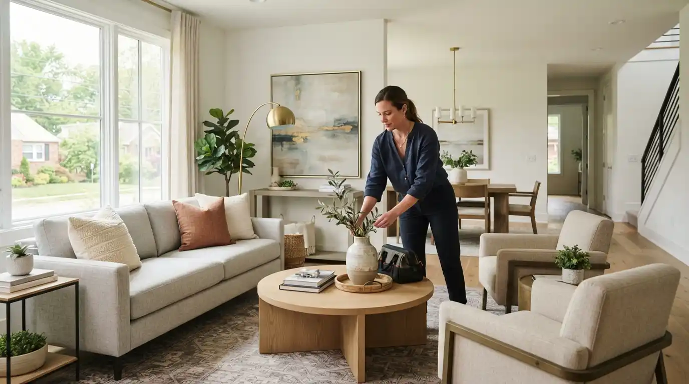 Professional home stager arranging furniture in a bright living room prepared for a real estate listing