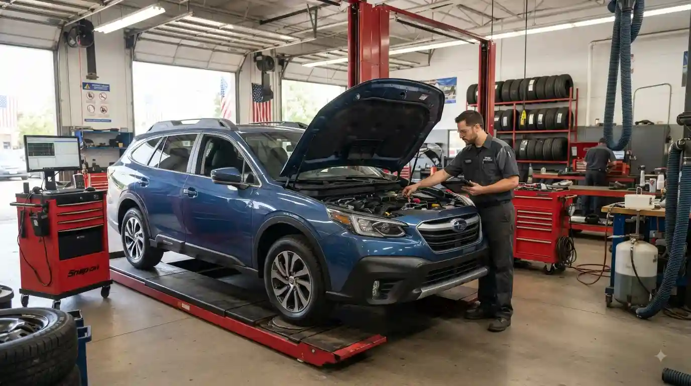 Mechanic inspecting a modern car inside a professional auto service workshop
