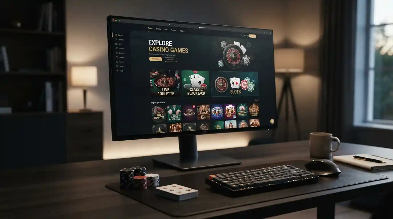 Modern desktop display showing an online casino gaming interface with casino chips and playing cards