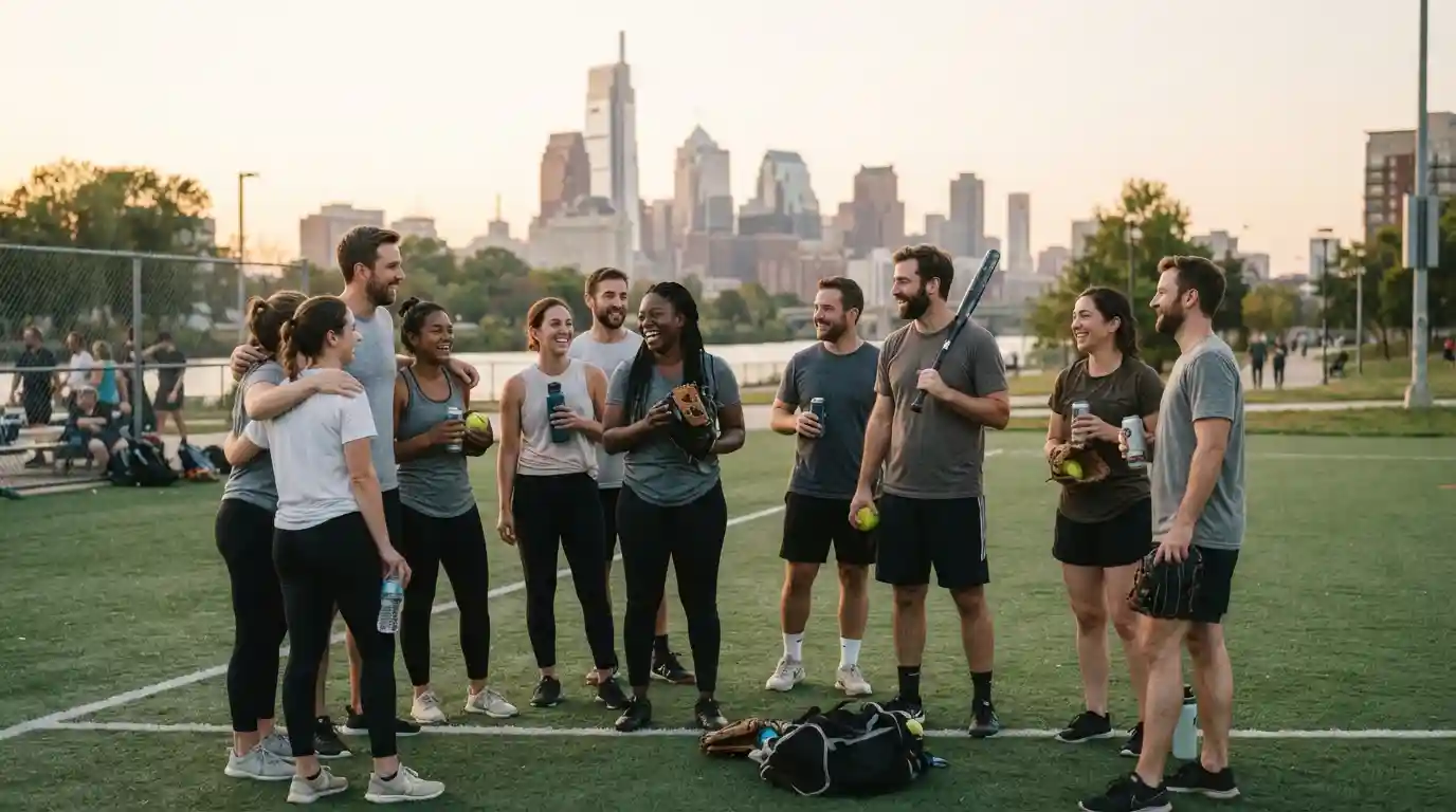 Diverse adult athletes socializing on a Philadelphia sports field after a recreational game