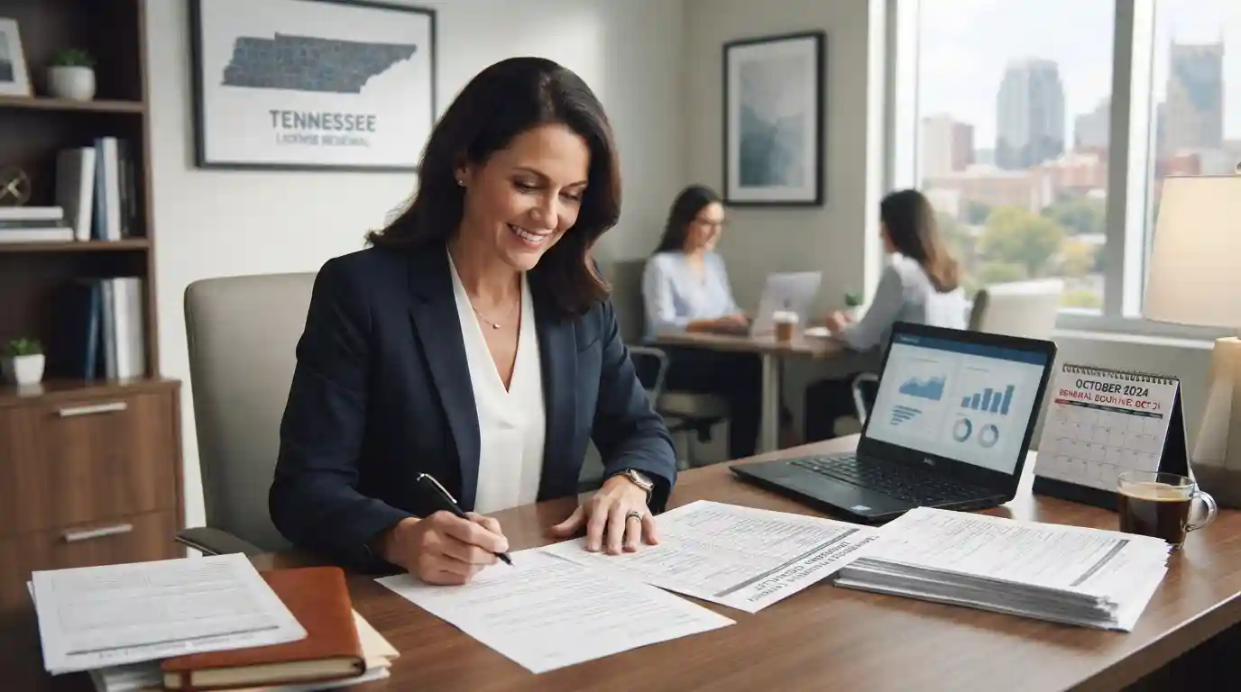 Insurance professional reviewing Tennessee license renewal documents at an office desk