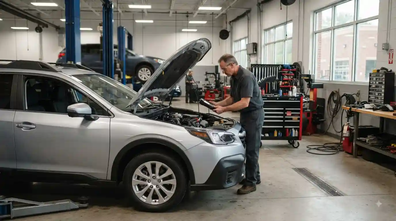Professional technician inspecting a passenger vehicle inside an automotive service workshop