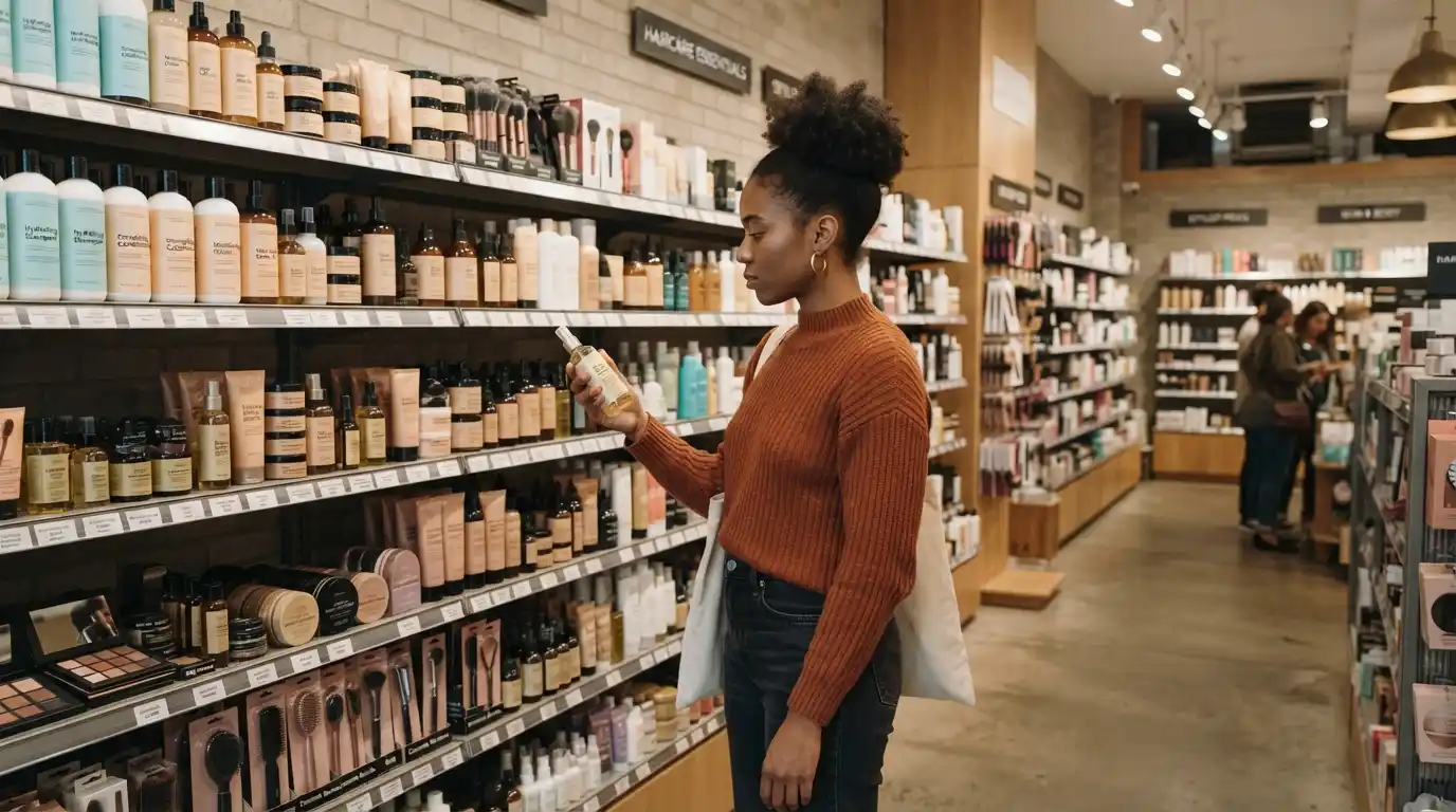 Shopper browsing hair care, cosmetics, and beauty accessories in a beauty supply store