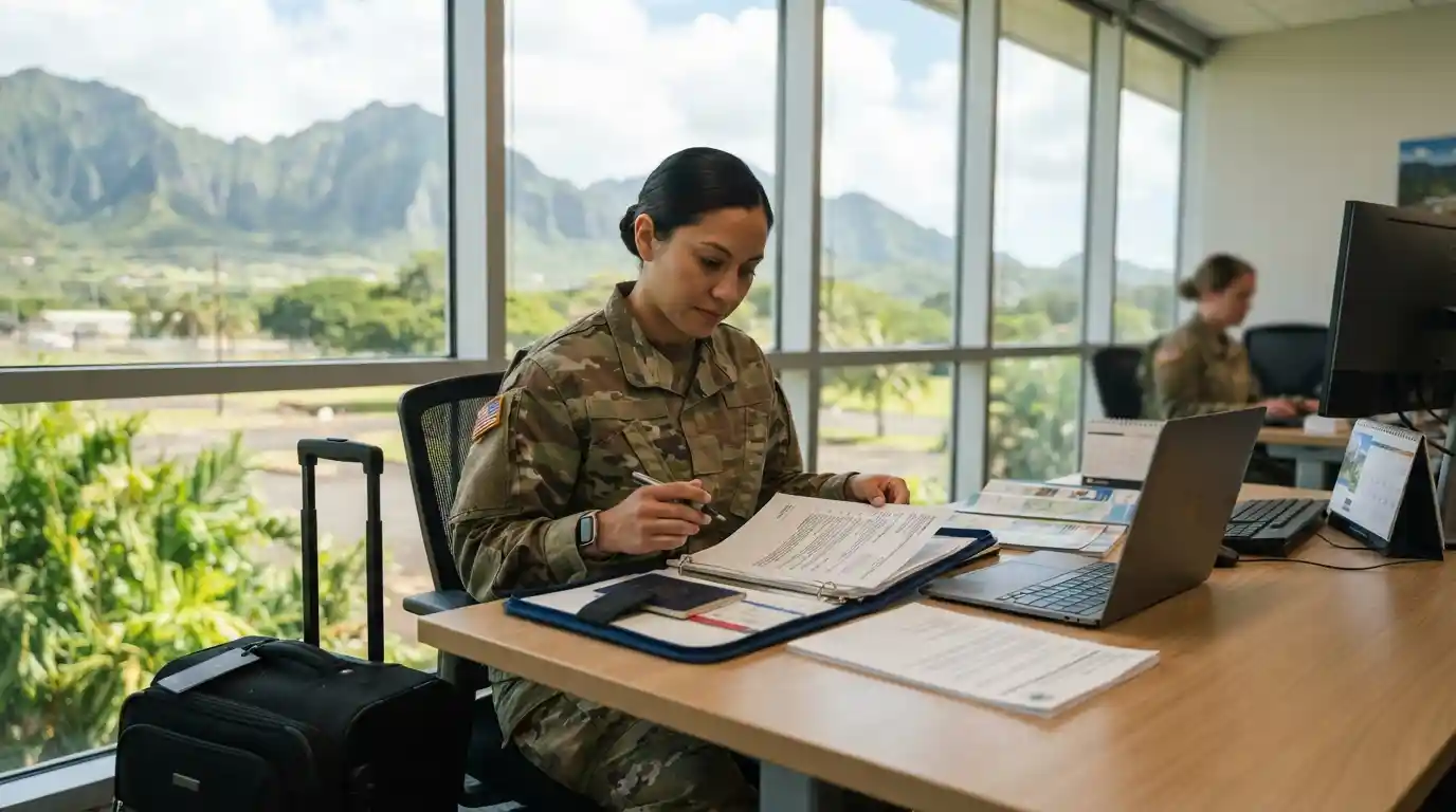 Military traveler organizing official travel documents and luggage in a professional travel-planning setting with a Hawaiian landscape in the background.