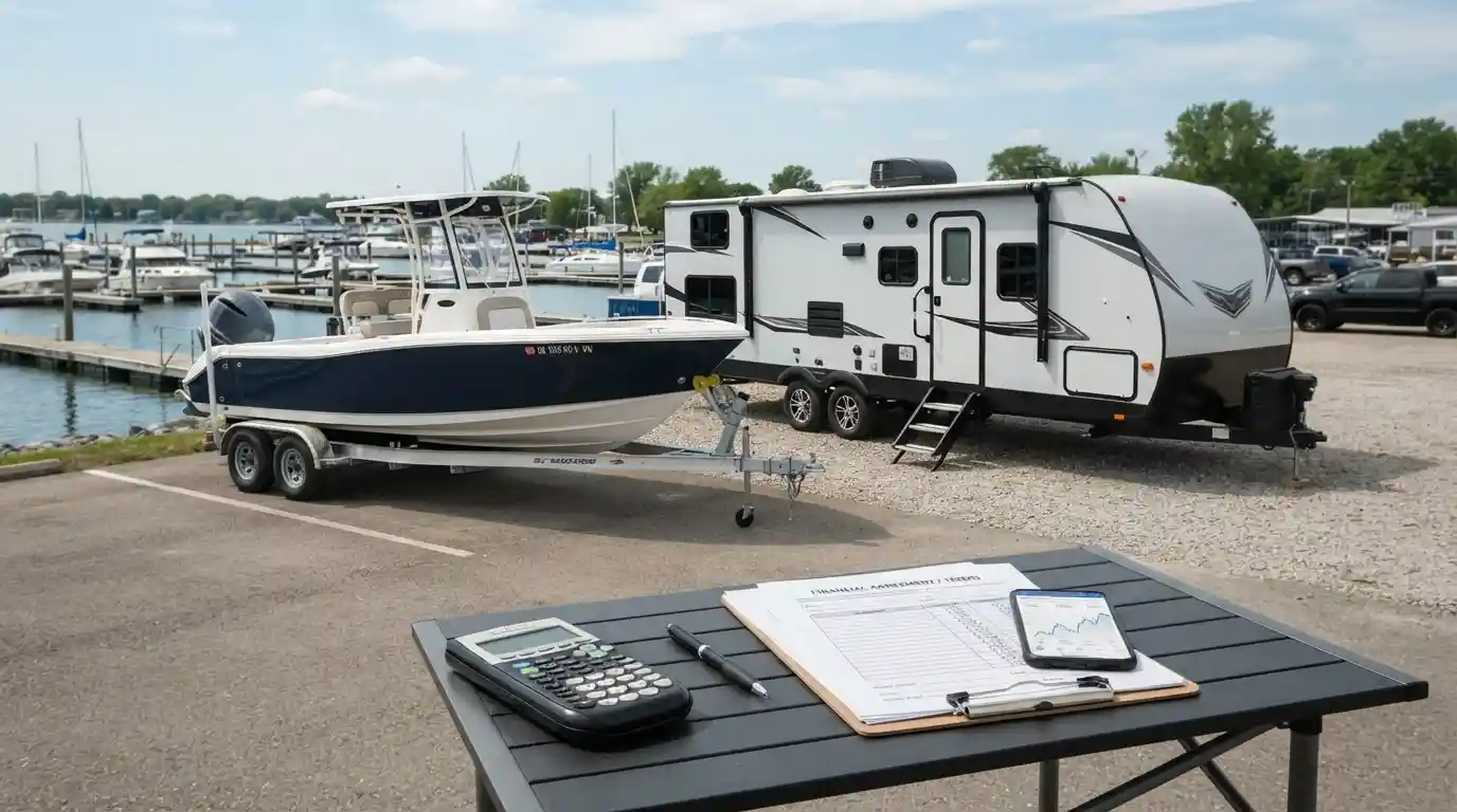Recreational boat and RV with financial paperwork representing boat and RV financing research