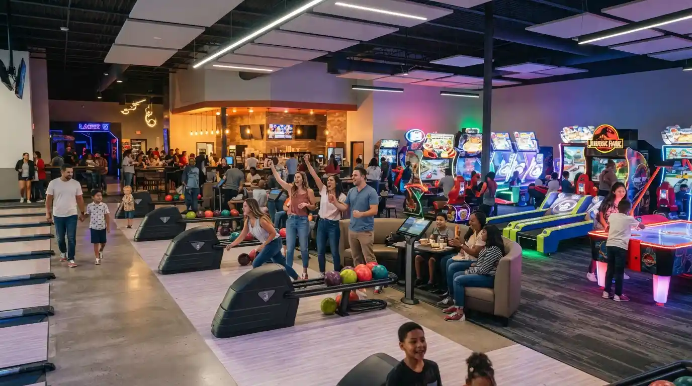 Families enjoying bowling and arcade entertainment inside a modern entertainment center in Leesburg
