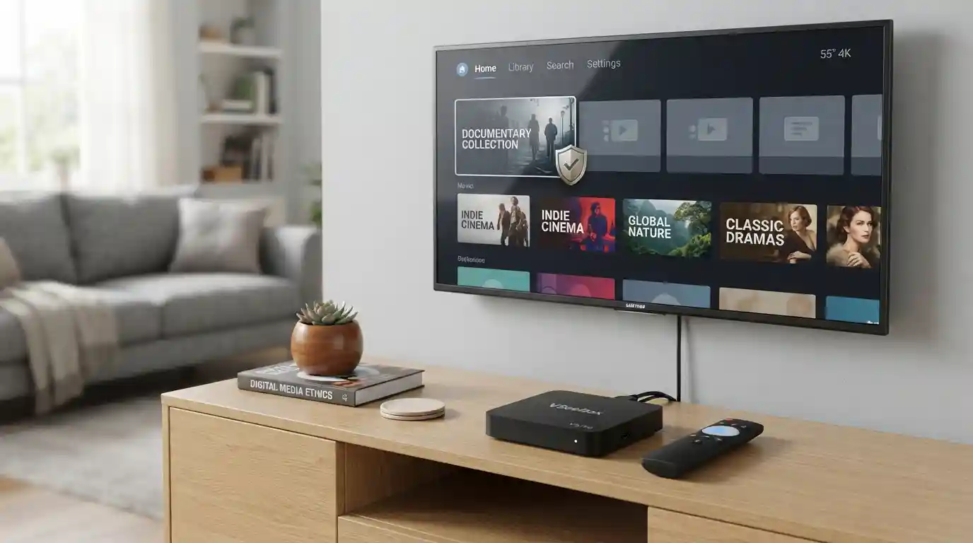 VSeeBox V3 Pro streaming device beside a television in a secure home entertainment setup