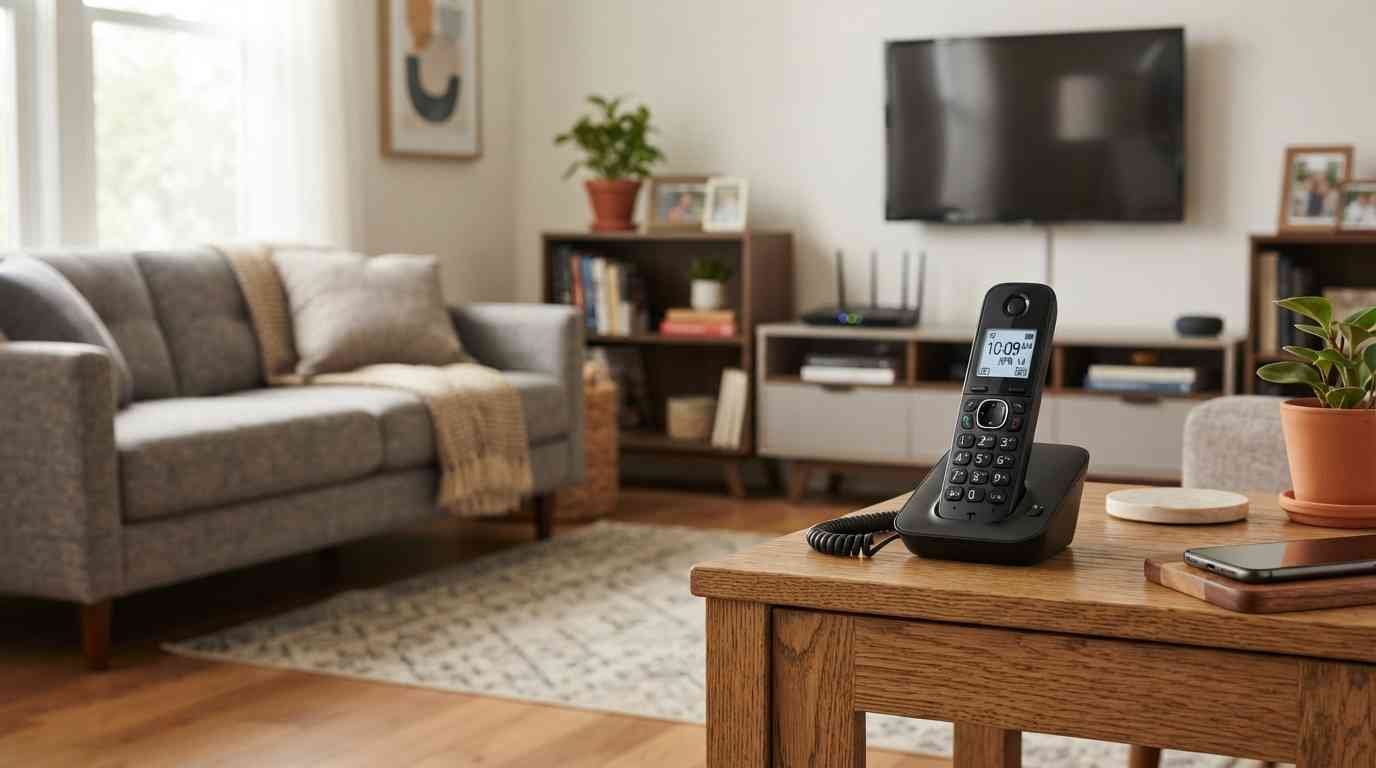 Cordless home telephone on a table in a modern connected living room