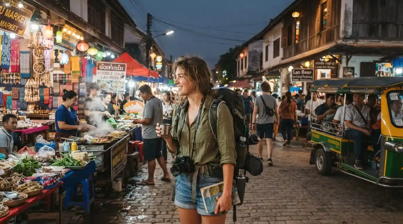 Backpacker exploring an affordable international travel destination with local markets and cultural surroundings
