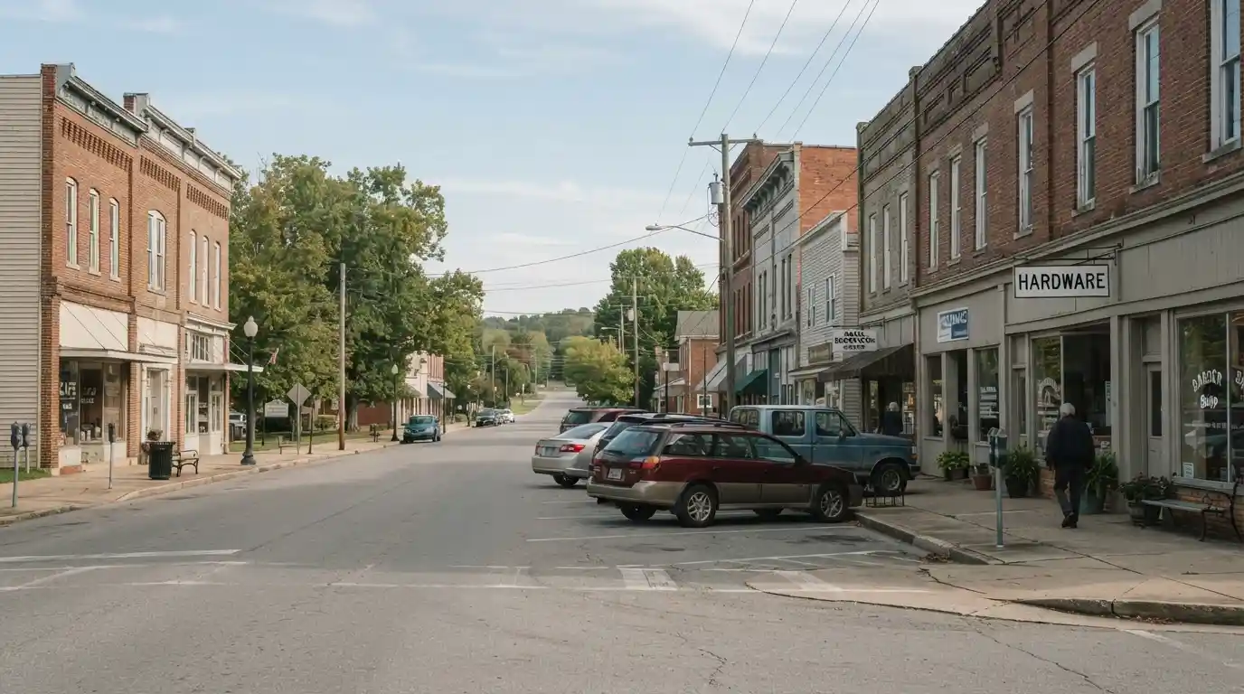 A quiet American small-town street with few visitors and modest local buildings