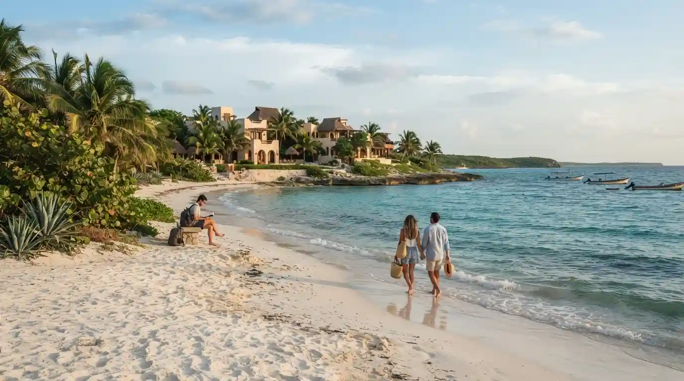 Turquoise Mexican coastline with tropical scenery and travelers exploring a popular destination