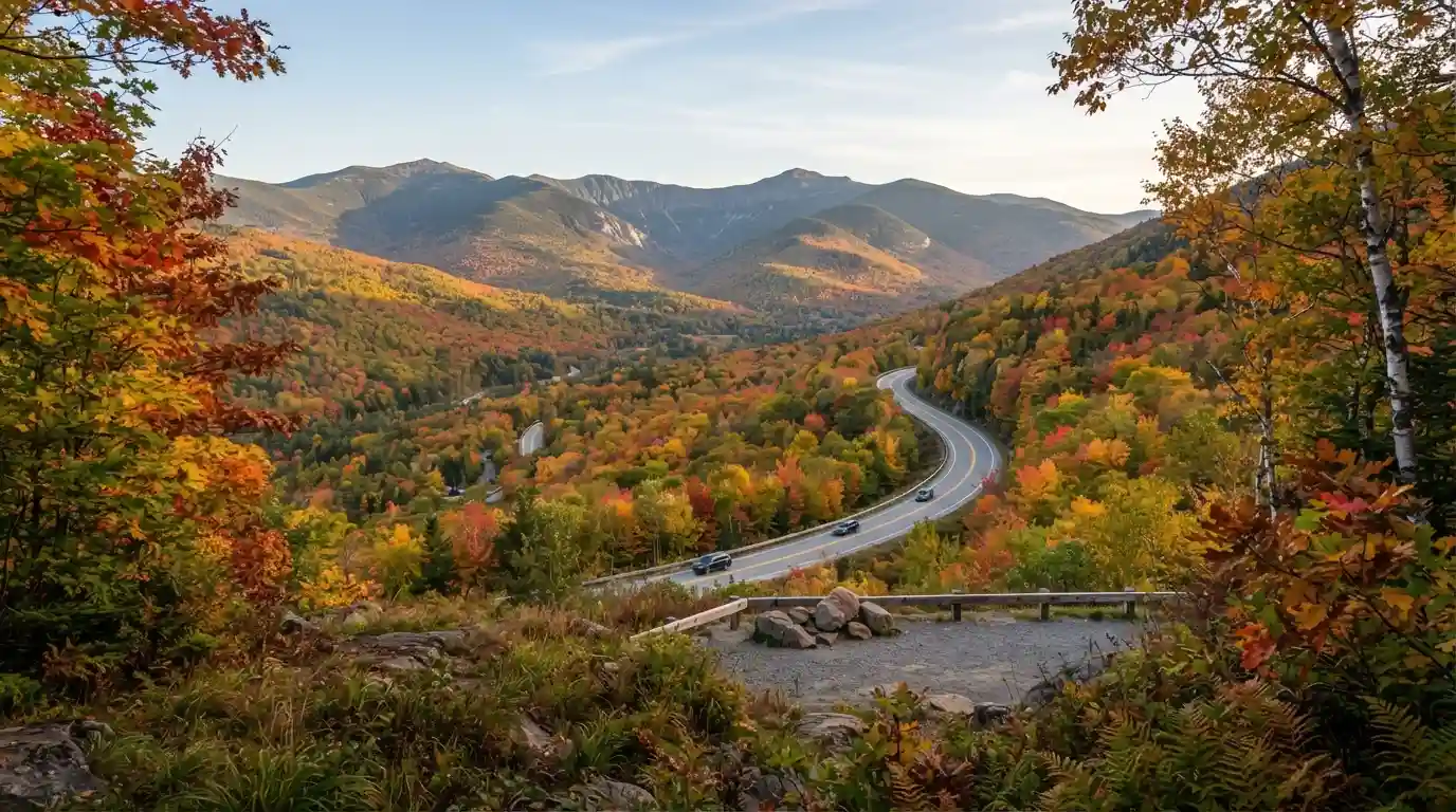 Colorful fall foliage surrounding a scenic mountain road in New Hampshire