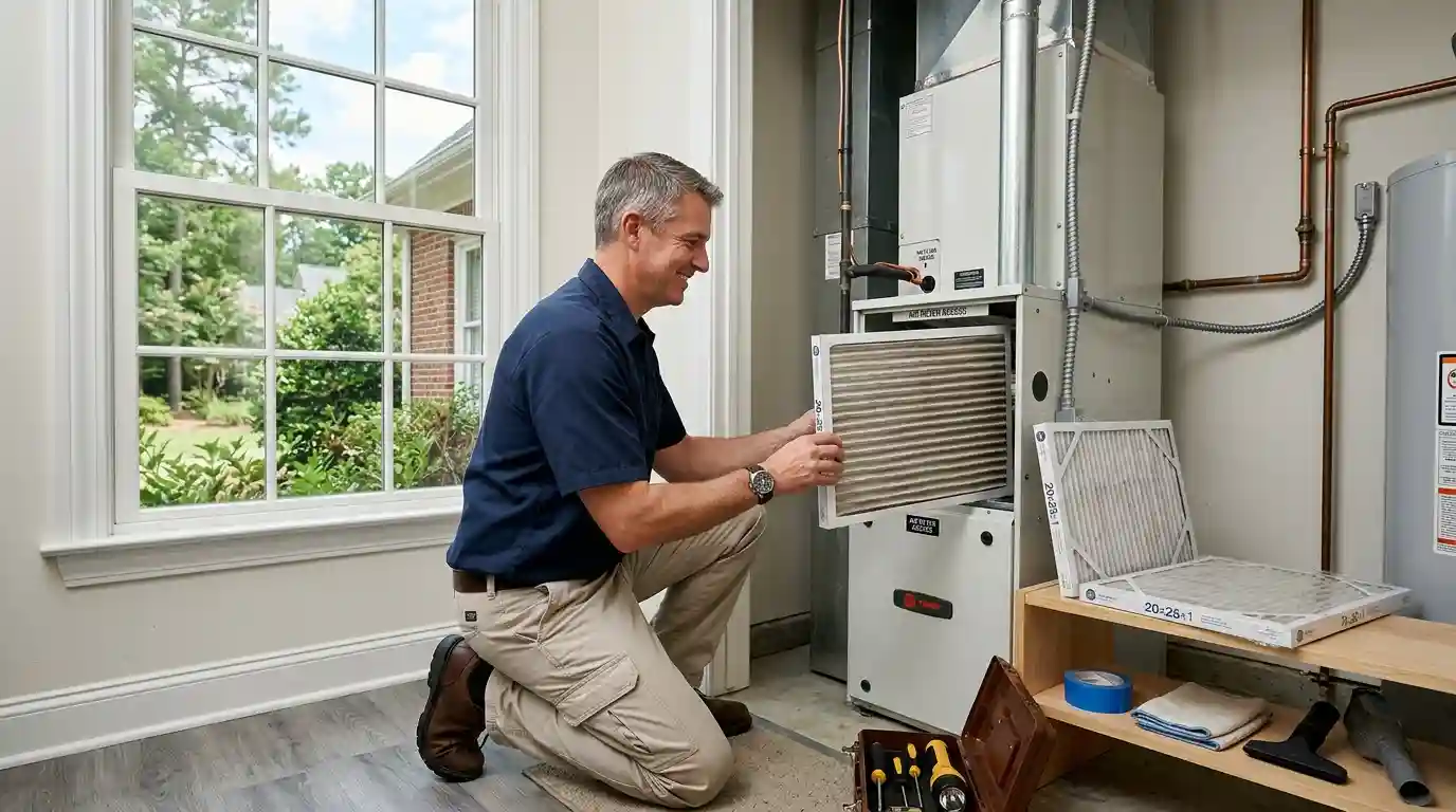 Homeowner inspecting an air conditioner filter during routine HVAC maintenance.