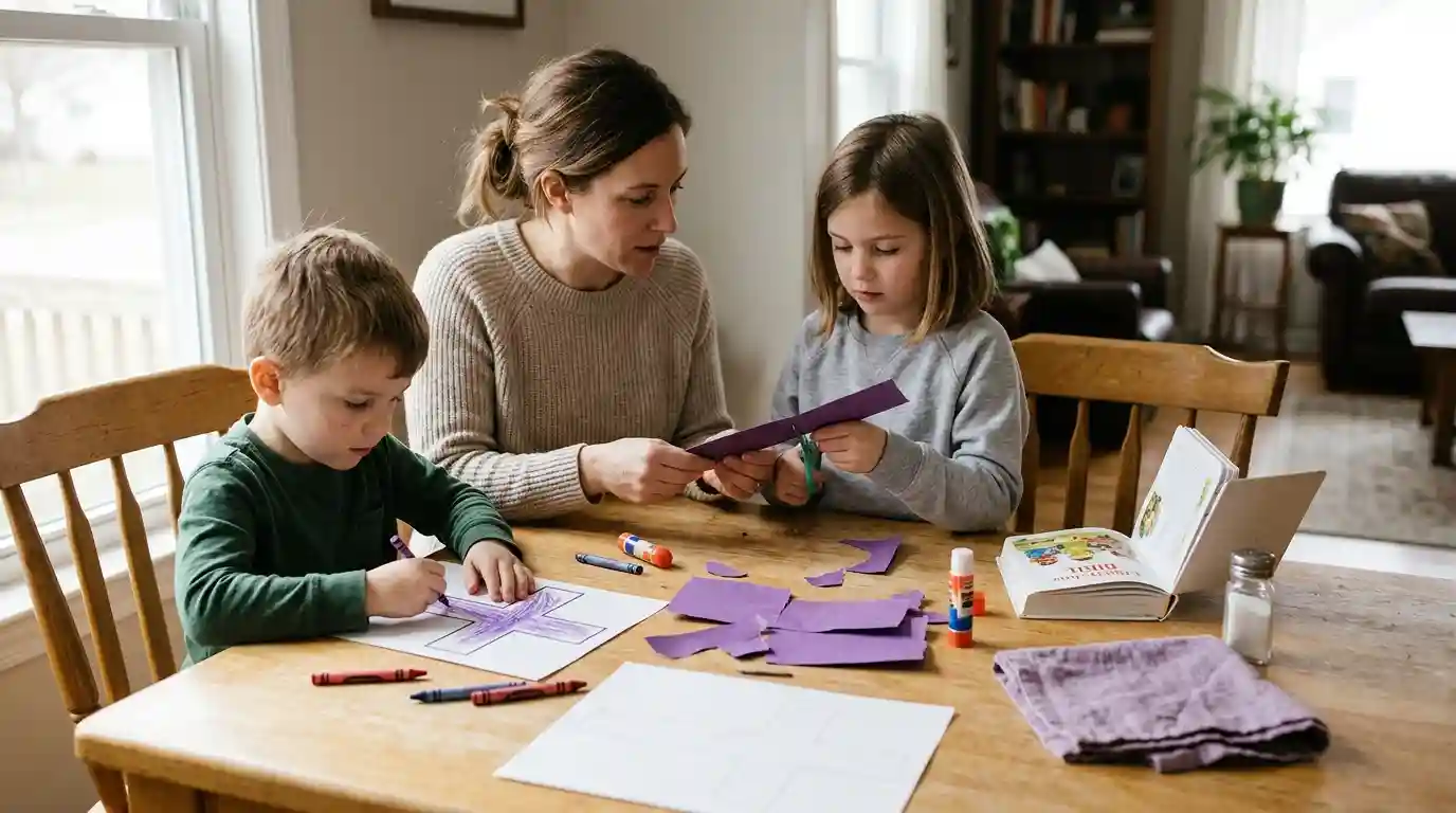 Parent and two children making a paper cross together for Ash Wednesday.
