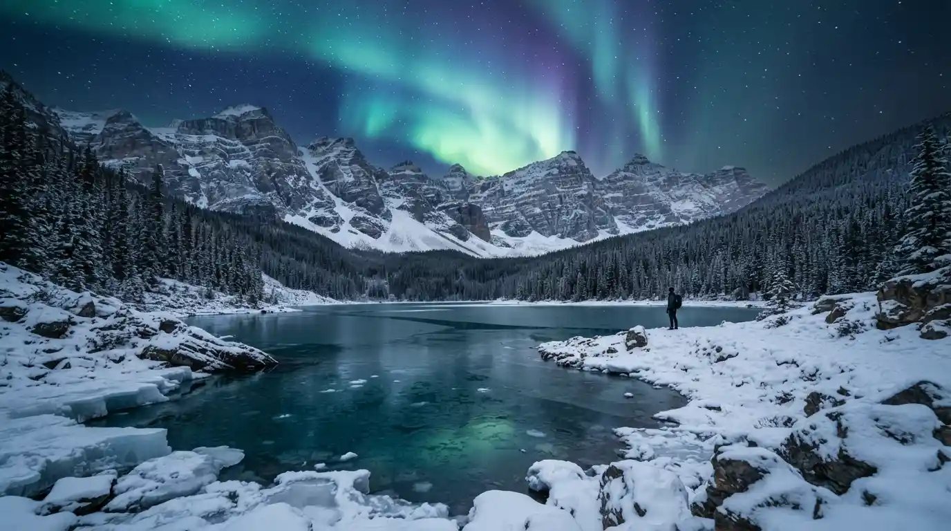 Snow-covered mountains and a frozen lake beneath the northern lights