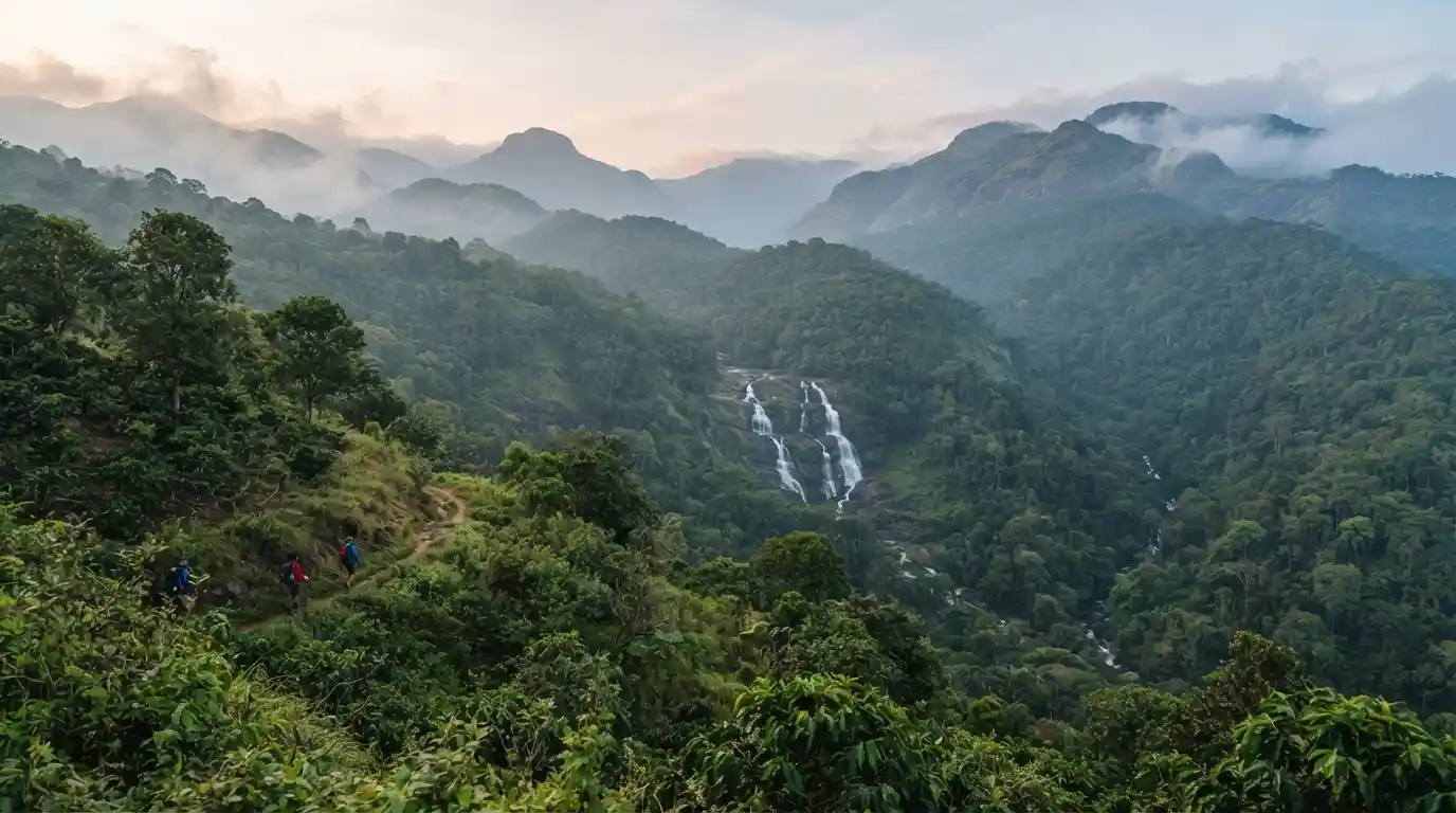 Misty green Western Ghats landscape in Karnataka with forested hills and a cascading waterfall