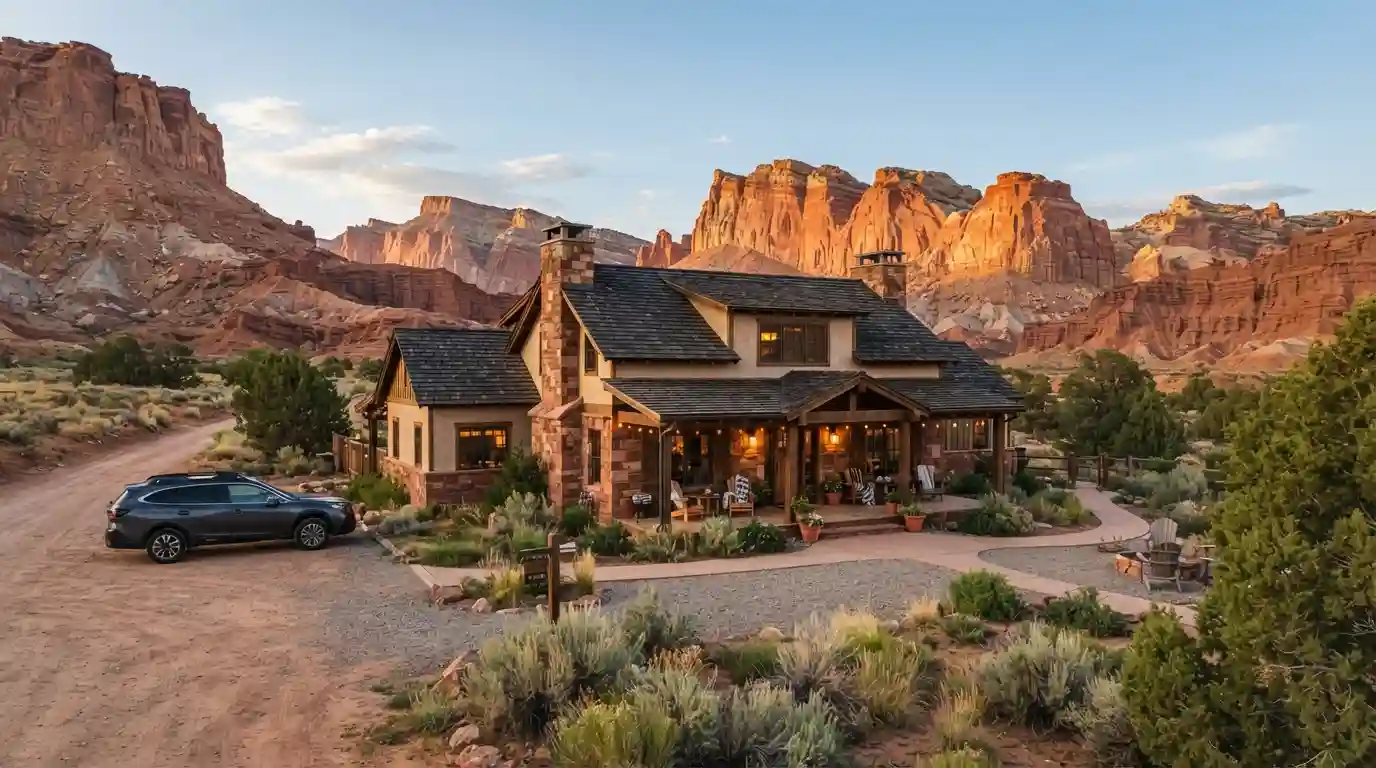 Rustic lodging surrounded by red rock scenery near Capitol Reef National Park in Utah